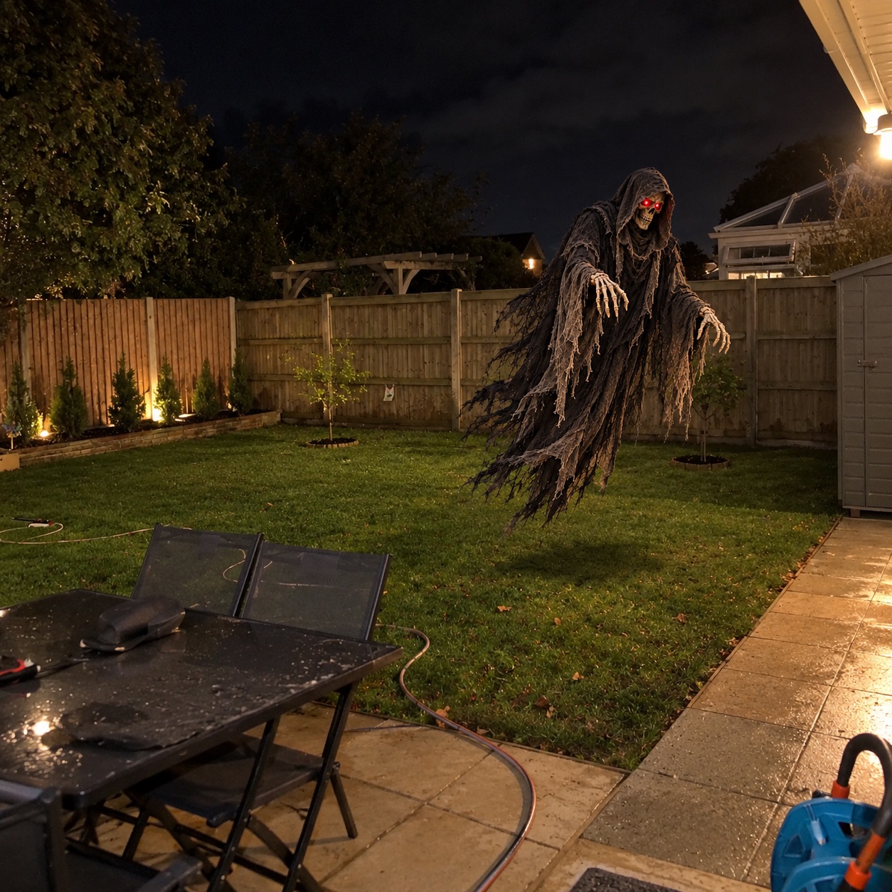 The Hooded Reaper floating over a backyard at night