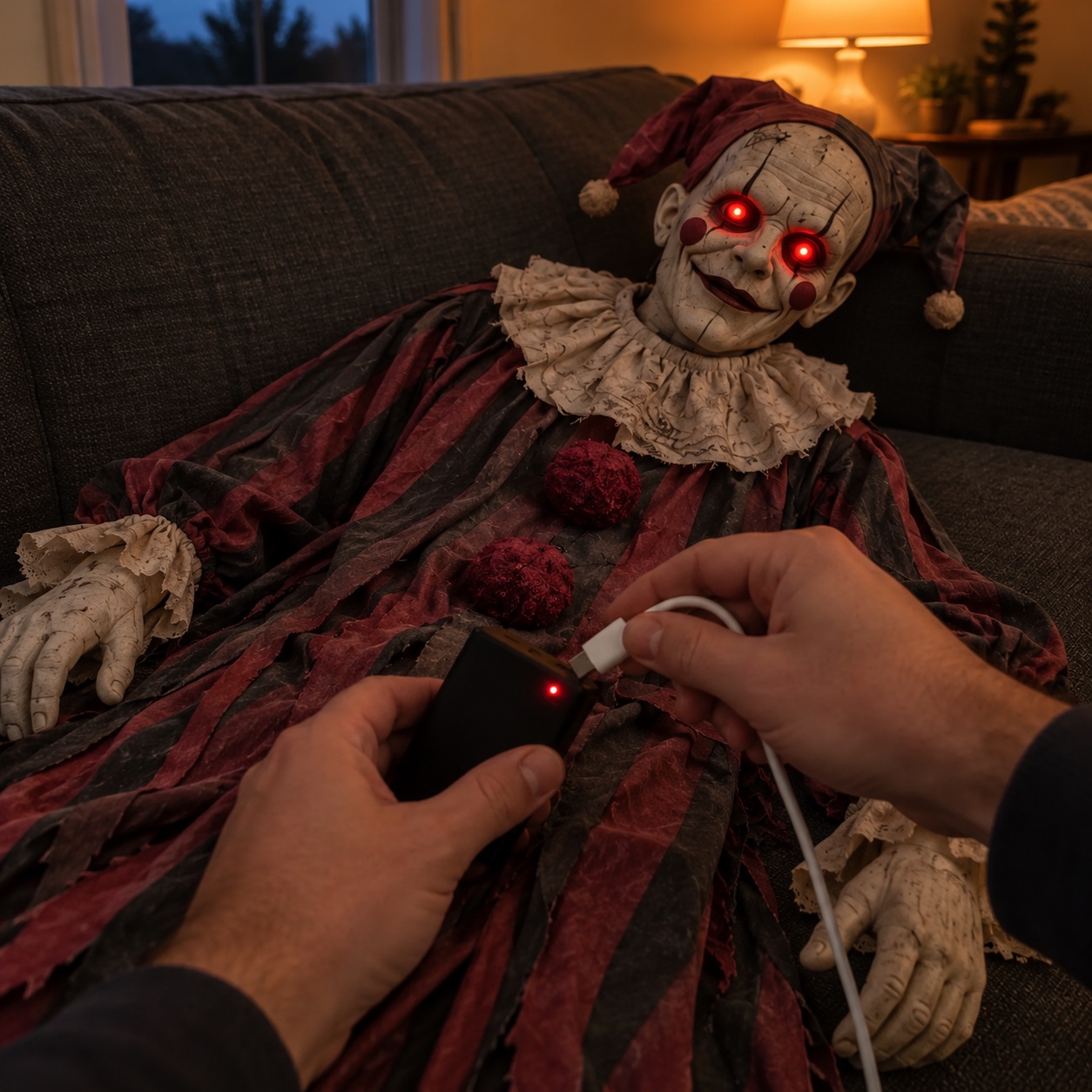 The Jester on a couch while its battery is connected to a charging cable